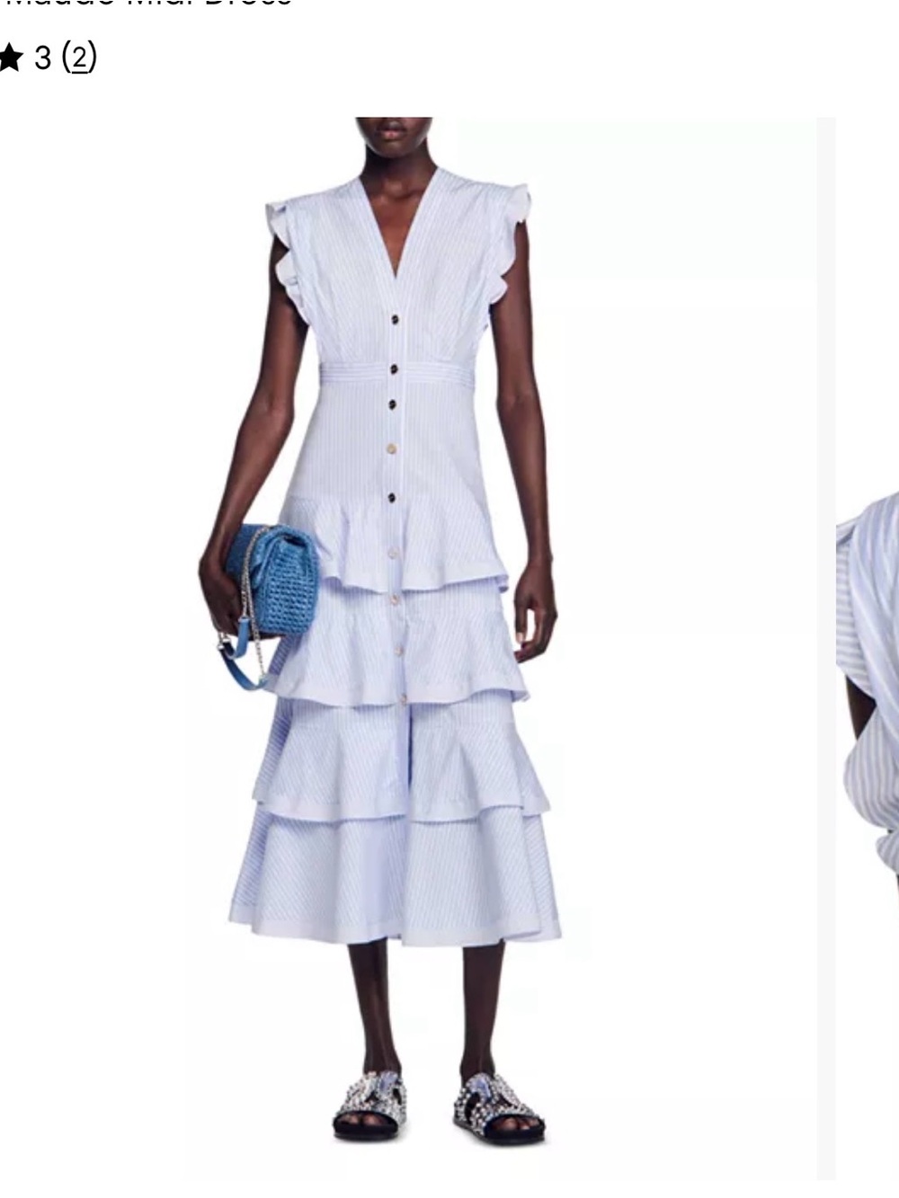 Sandro Tiered Ruffle Midi Dress Light Blue Stripe size 10 fits like 8 (euro 42)
